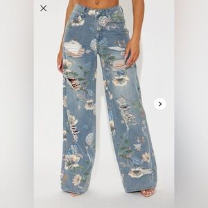 Floral Distressed Blue Jeans